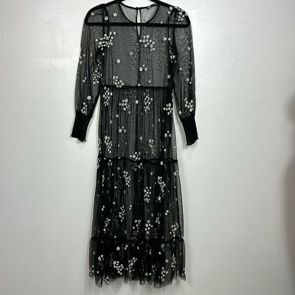 Zara Floral Embroidery Long Sleeve Sheer Maxi Dress In Black Size XS - Picture 2 of 8